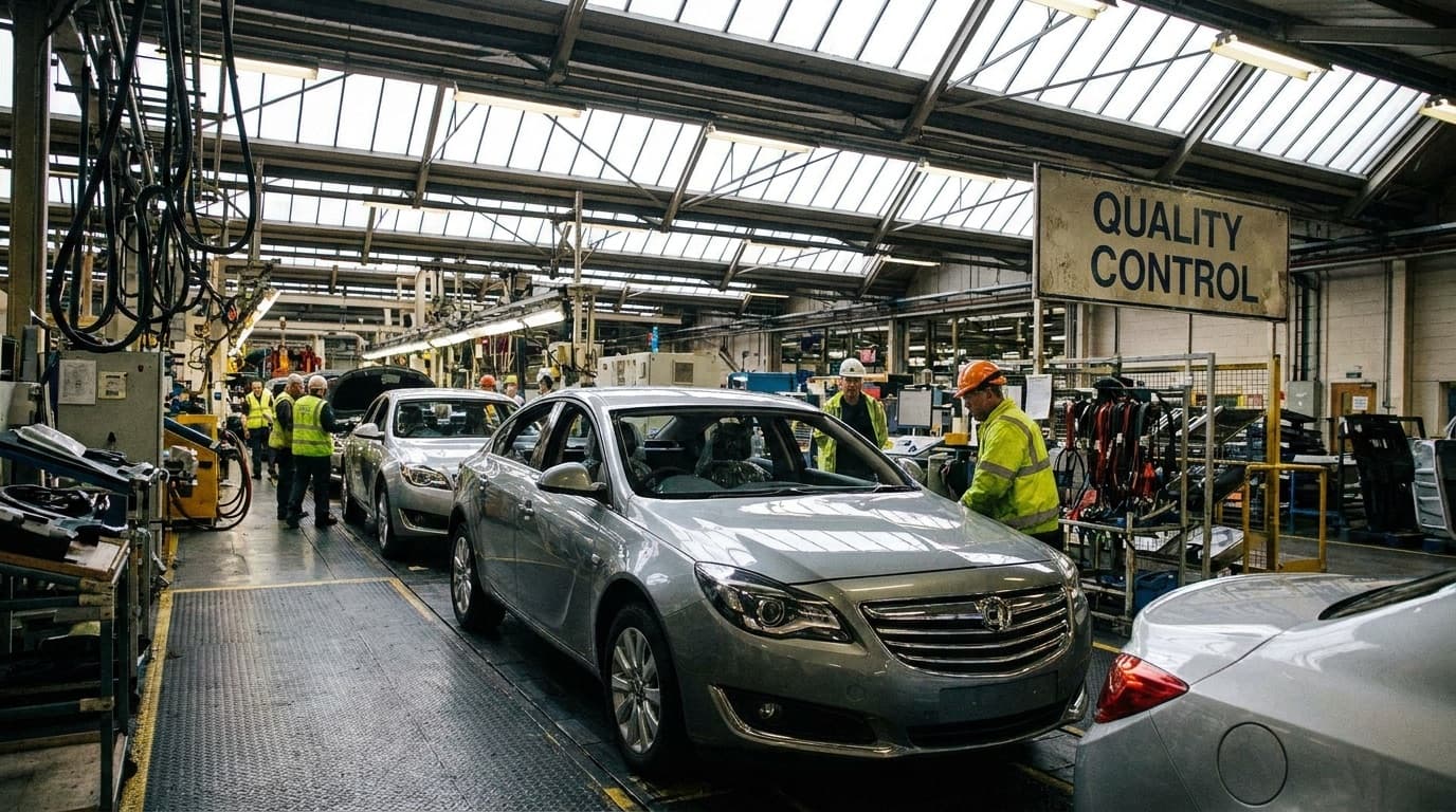 Cars on a UK vehicle assembly line in a factory