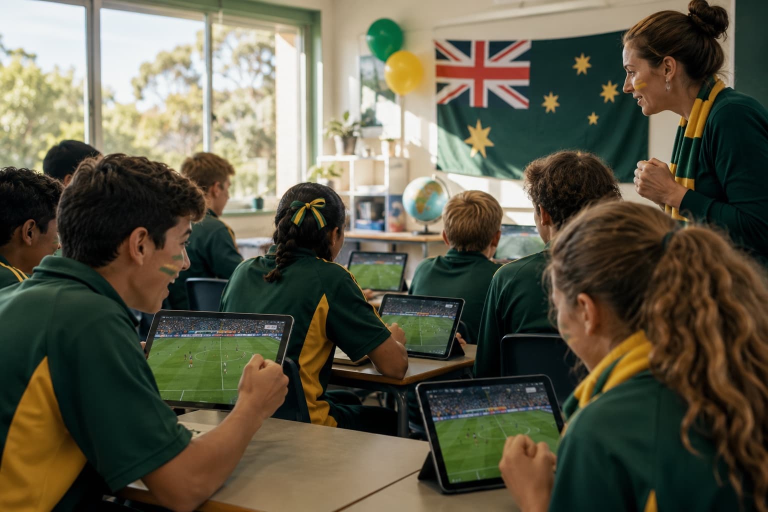 A group of people gathered around screens watching a football match during the day