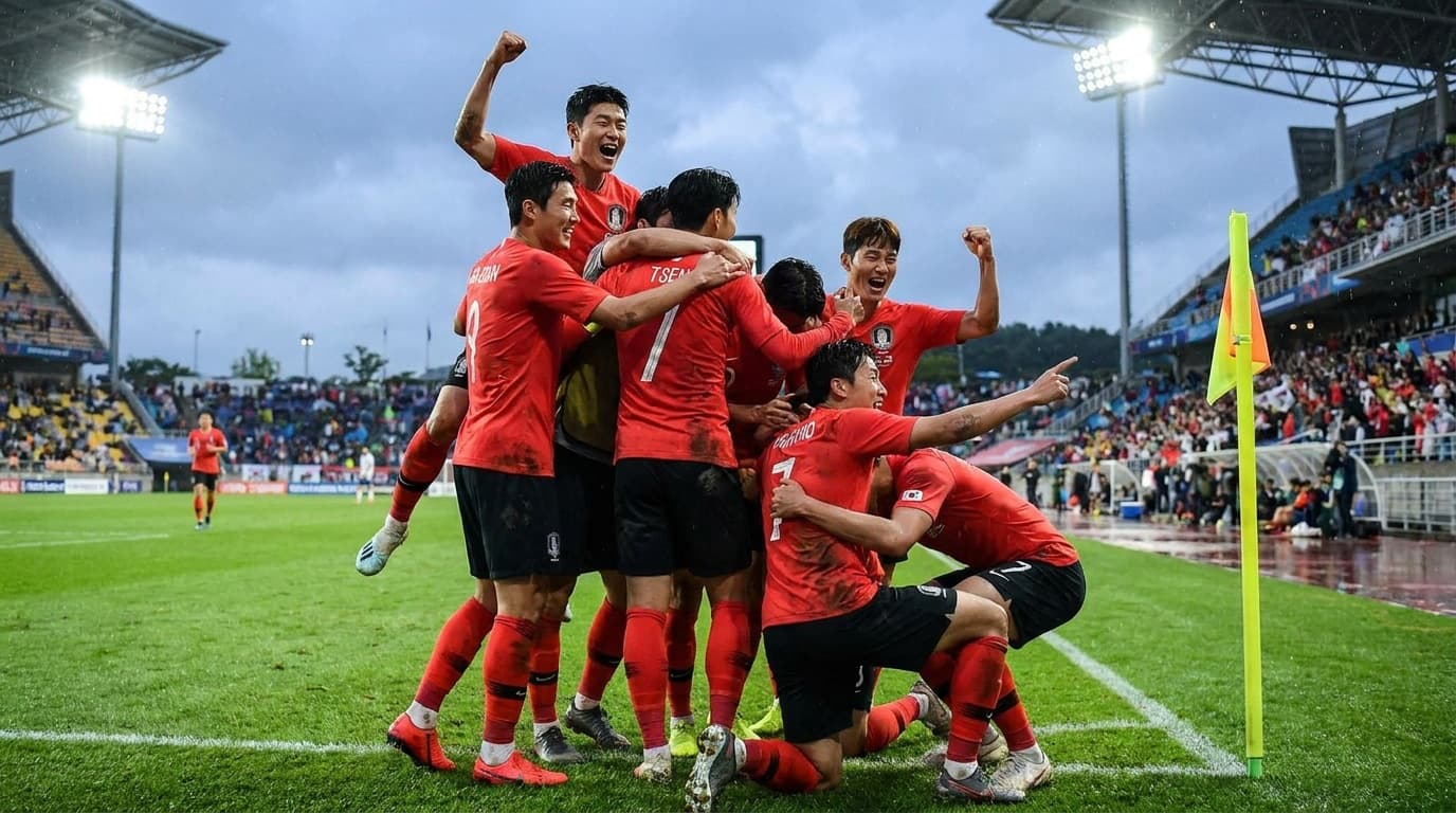 South Korea footballers celebrating a late winning goal