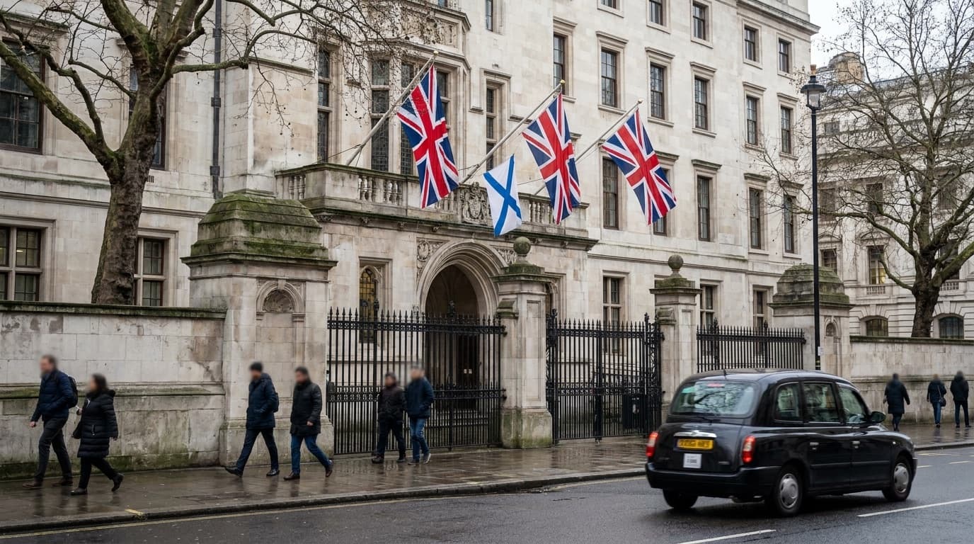 Exterior of a courthouse with national flags flying at the entrance