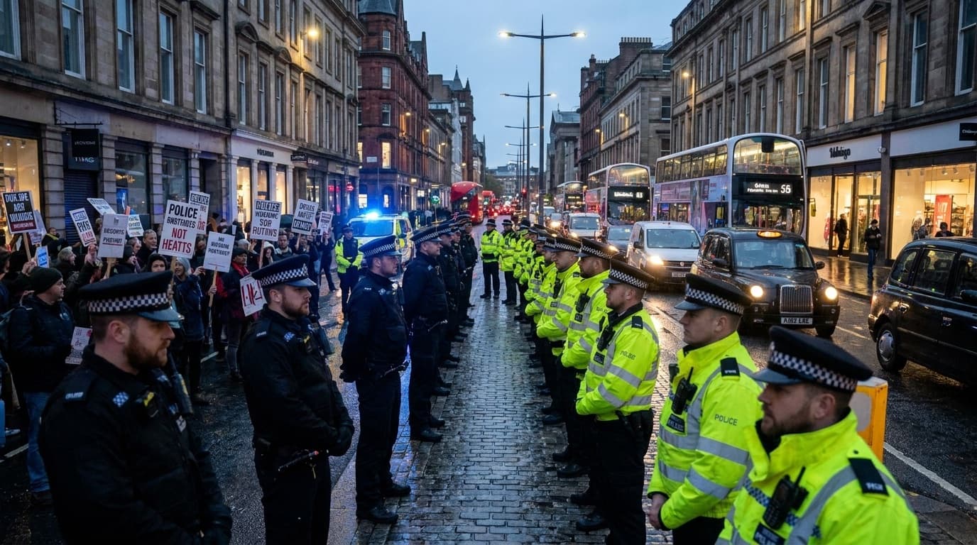 Police line facing demonstrators in a UK city street at dusk