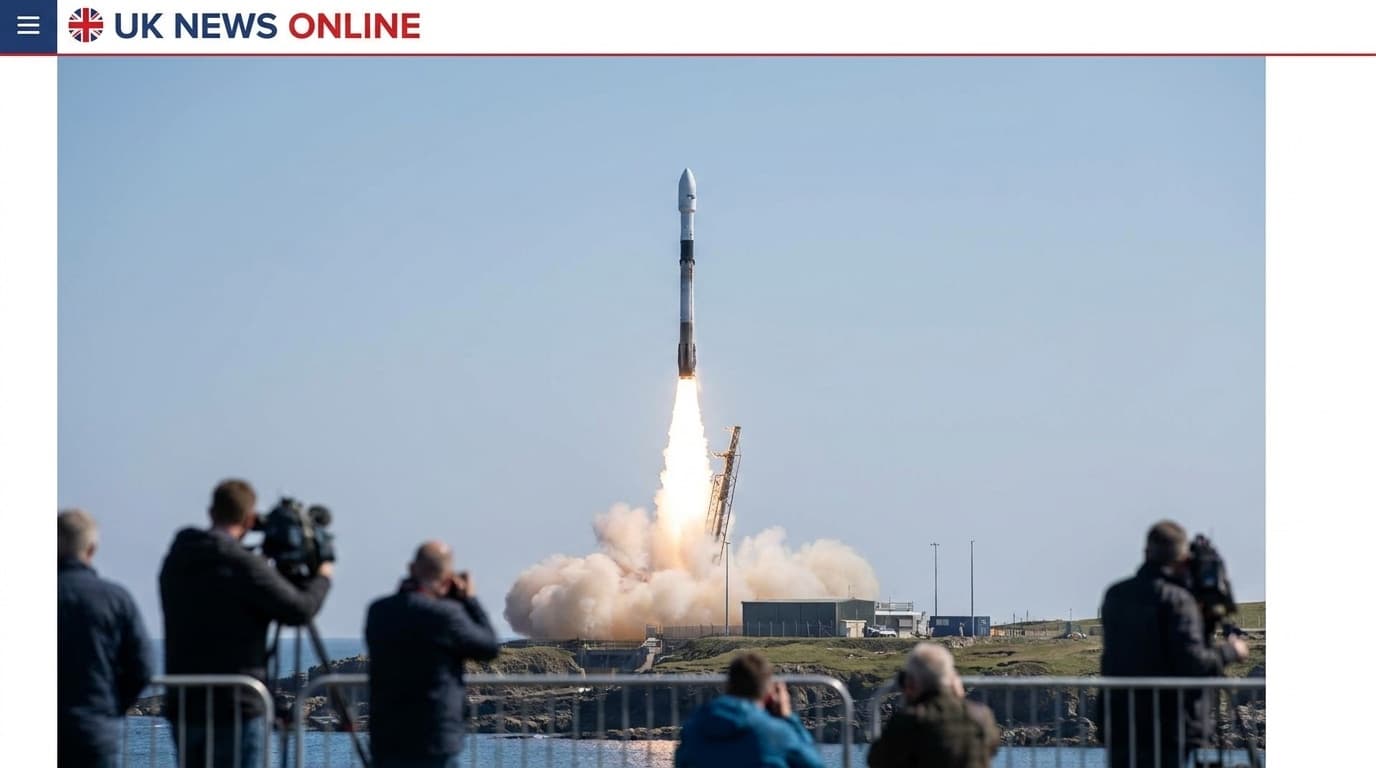 A rocket lifting off from a launch pad against a clear sky
