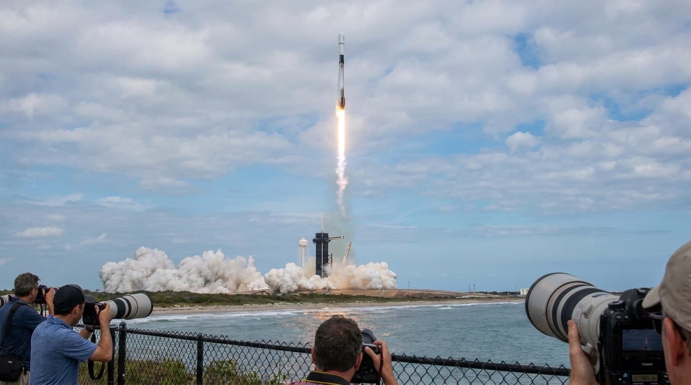 A Falcon 9 rocket lifting off from Cape Canaveral as SpaceX debuts on the Nasdaq