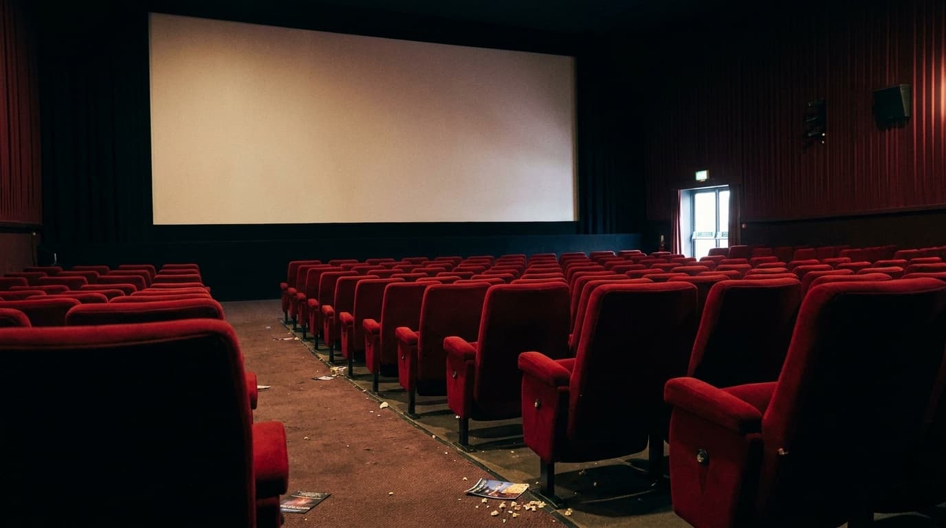 Cinema auditorium with an illuminated screen and empty seats