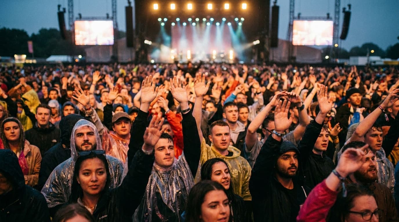 Crowd at a live concert with stage lights and raised hands