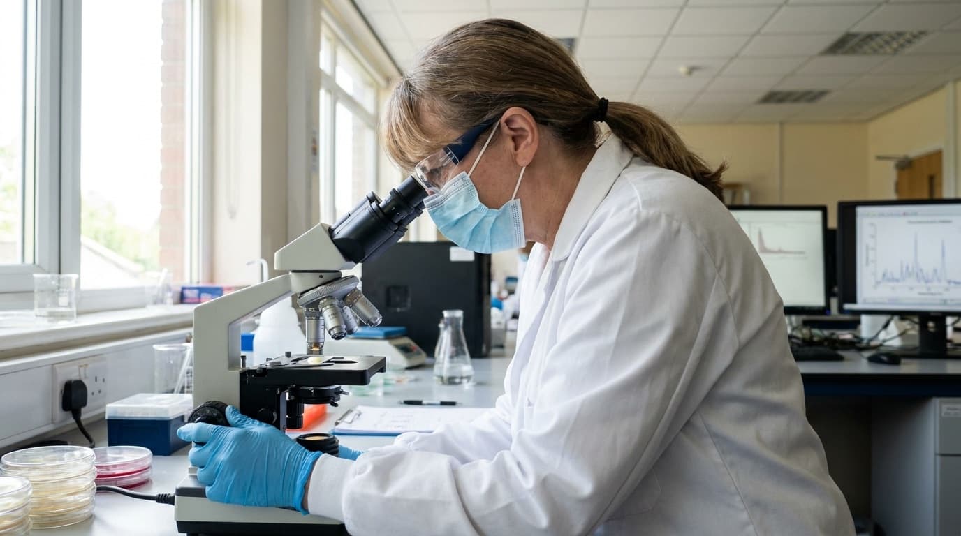 A scientist examining a sample under a microscope in a biology laboratory