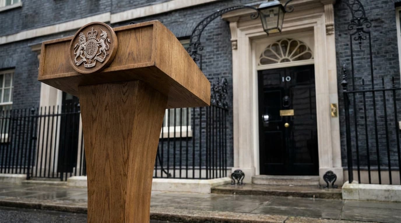 A wooden lectern bearing a royal crest standing empty outside a famous black government door