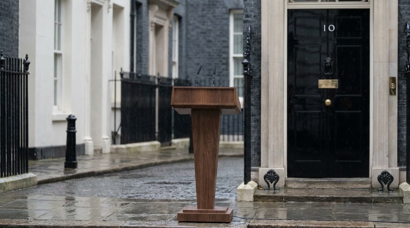The black door of 10 Downing Street with a lectern set up outside on a grey morning