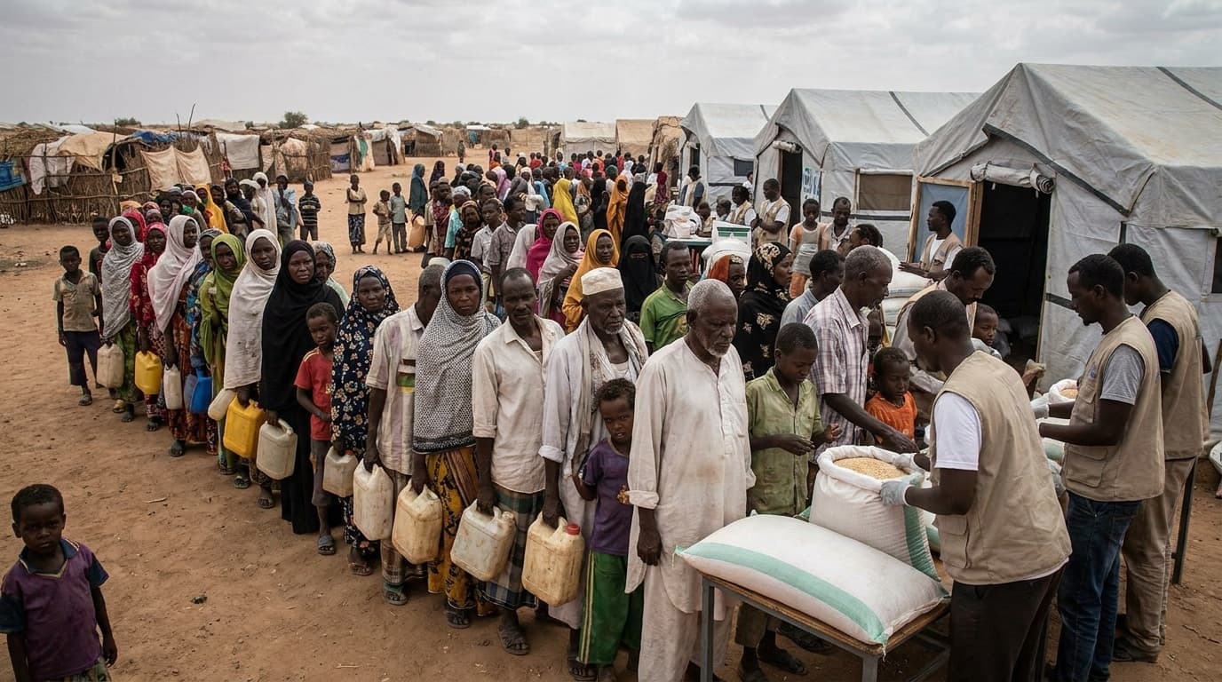 Displaced Sudanese families queue for food aid at a camp in the Darfur region