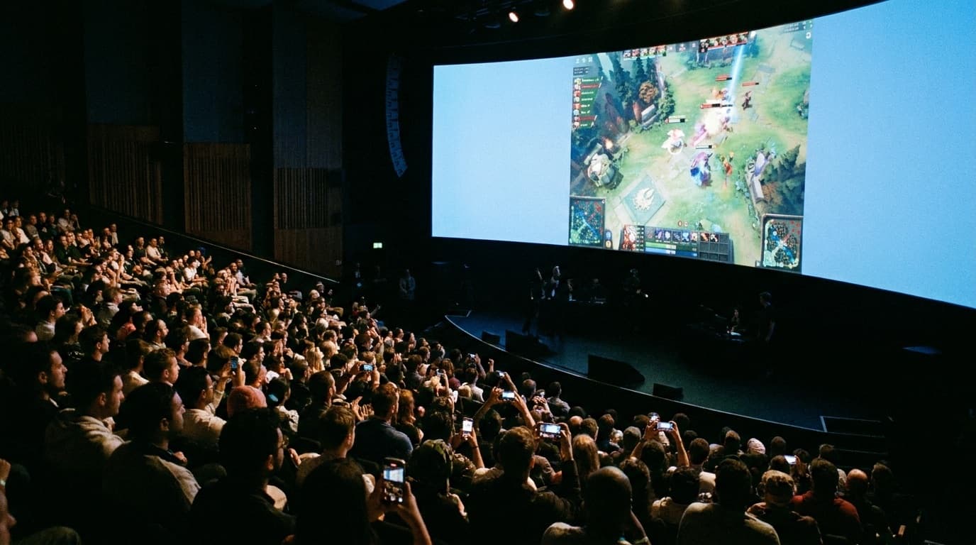 A crowd watches a giant screen at a games industry showcase in a darkened theatre