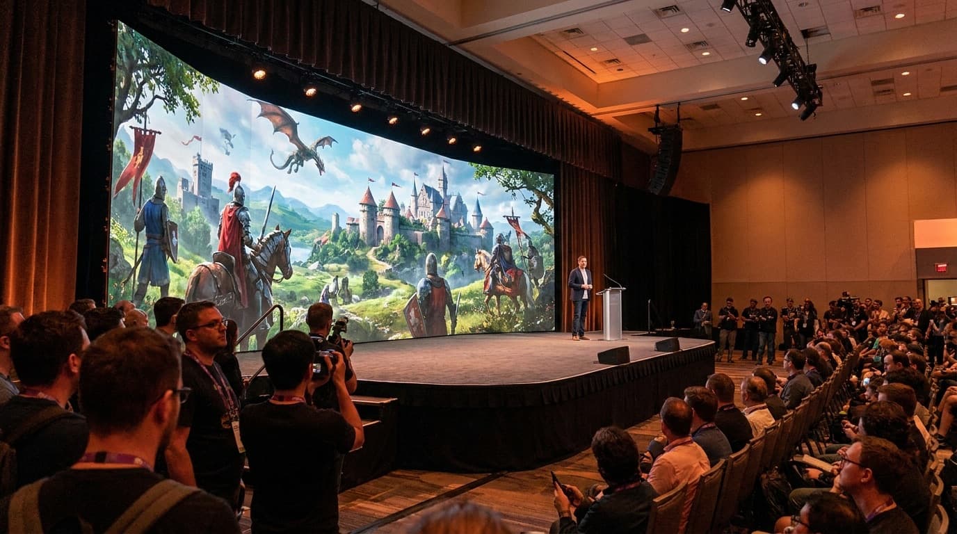 A games showcase stage with a large screen displaying a fantasy role-playing game trailer