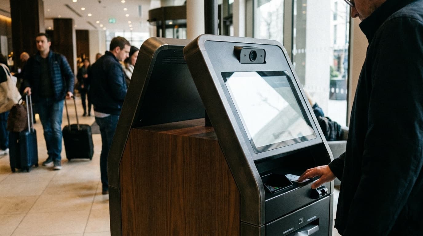 A self-service hotel check-in kiosk with a camera and screen in a lobby