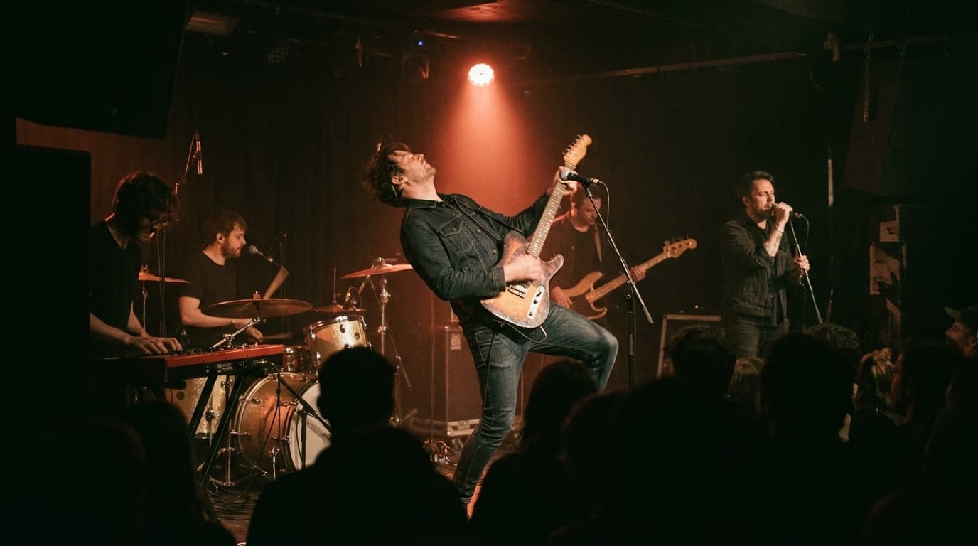 A five-piece rock band performing on a dimly lit stage with the guitarist mid-riff