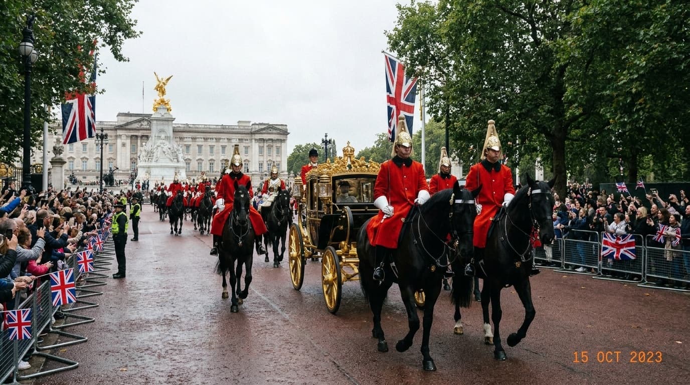 Ceremonial military parade with mounted guards and a royal carriage in London