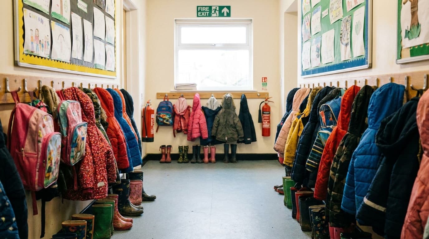 Children's coats and bags hanging on pegs in a primary school corridor