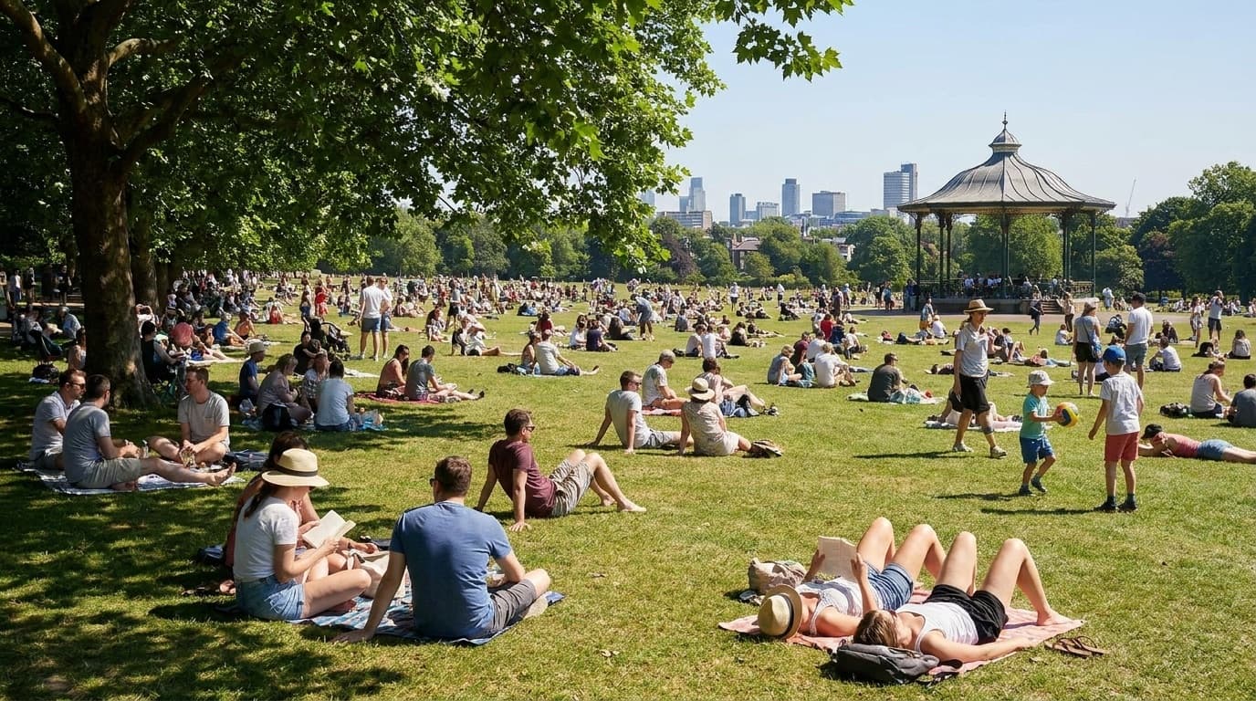 People relaxing in a sunlit UK park during hot summer weather