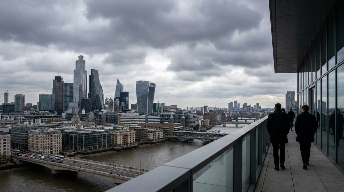 London skyline and financial district under grey clouds