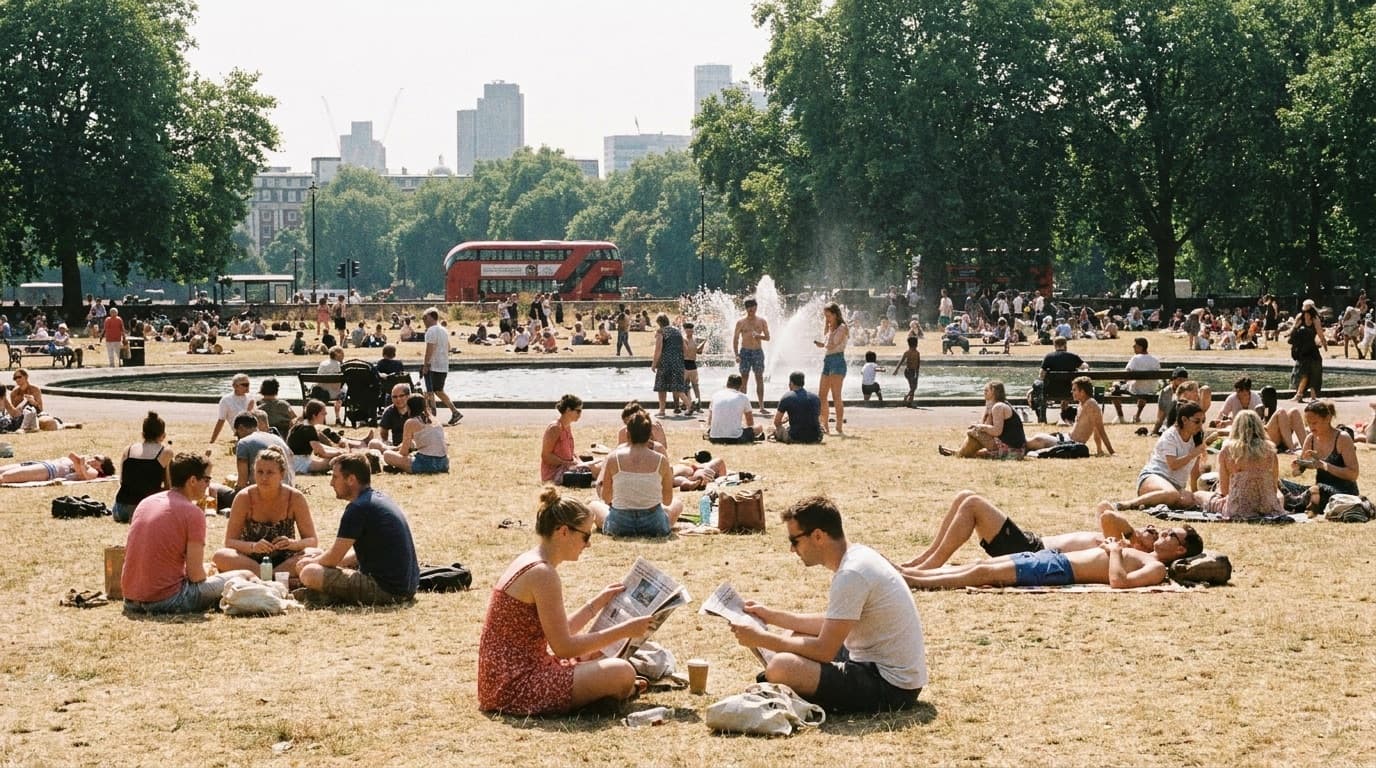 People relaxing in a sun-baked London park during hot weather