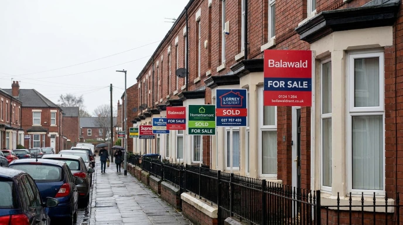Row of British terraced houses with estate agent for sale signs