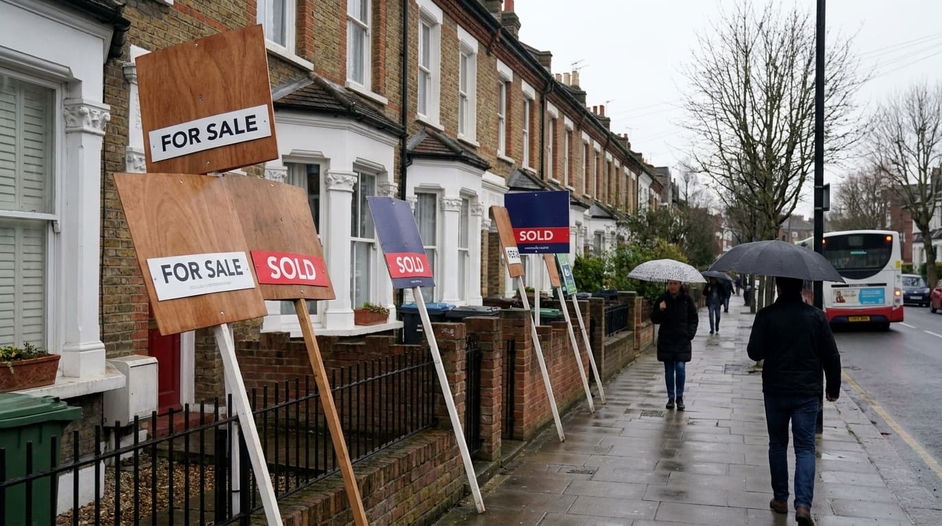 Row of for-sale and sold estate agent boards outside terraced houses
