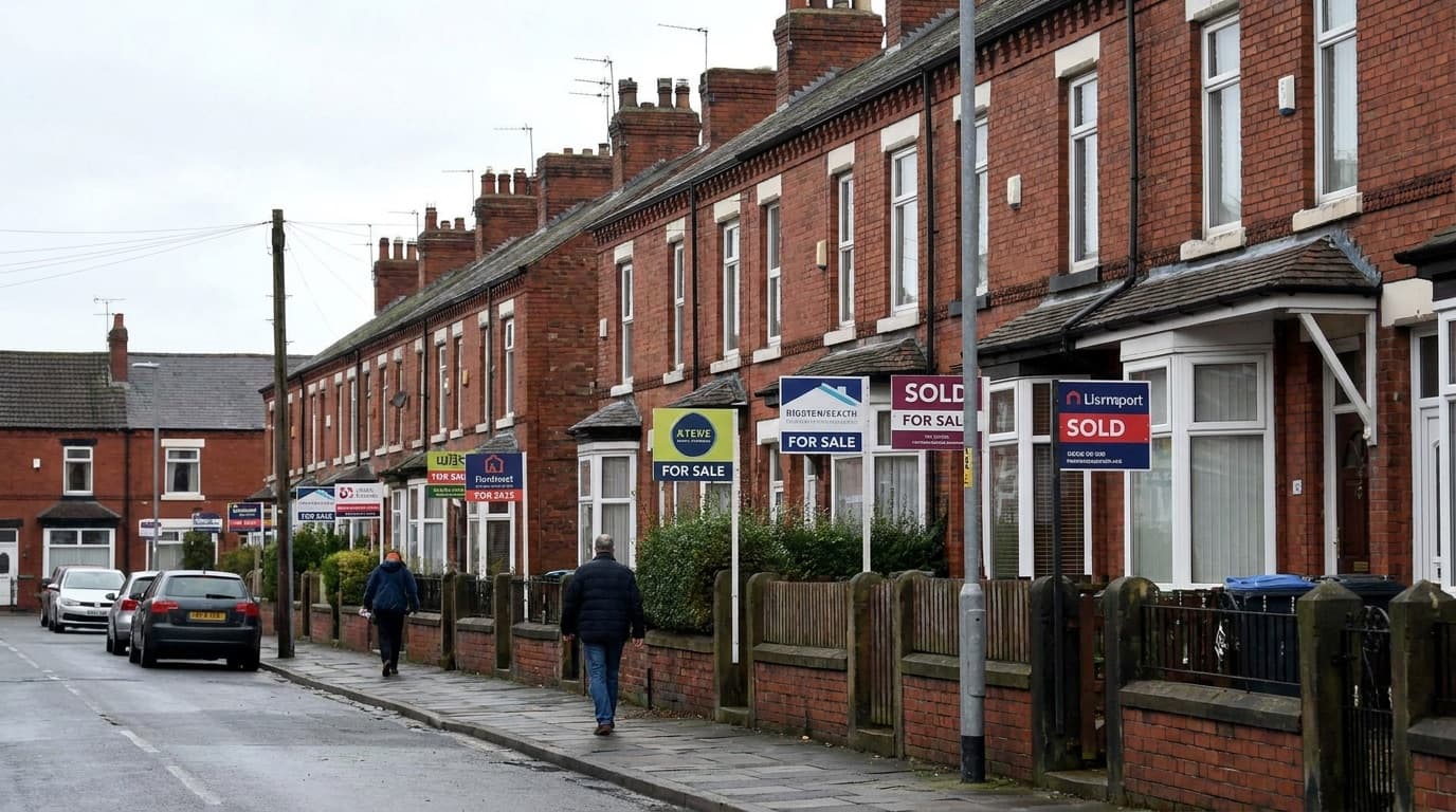 Rows of terraced houses with for sale and sold signs outside