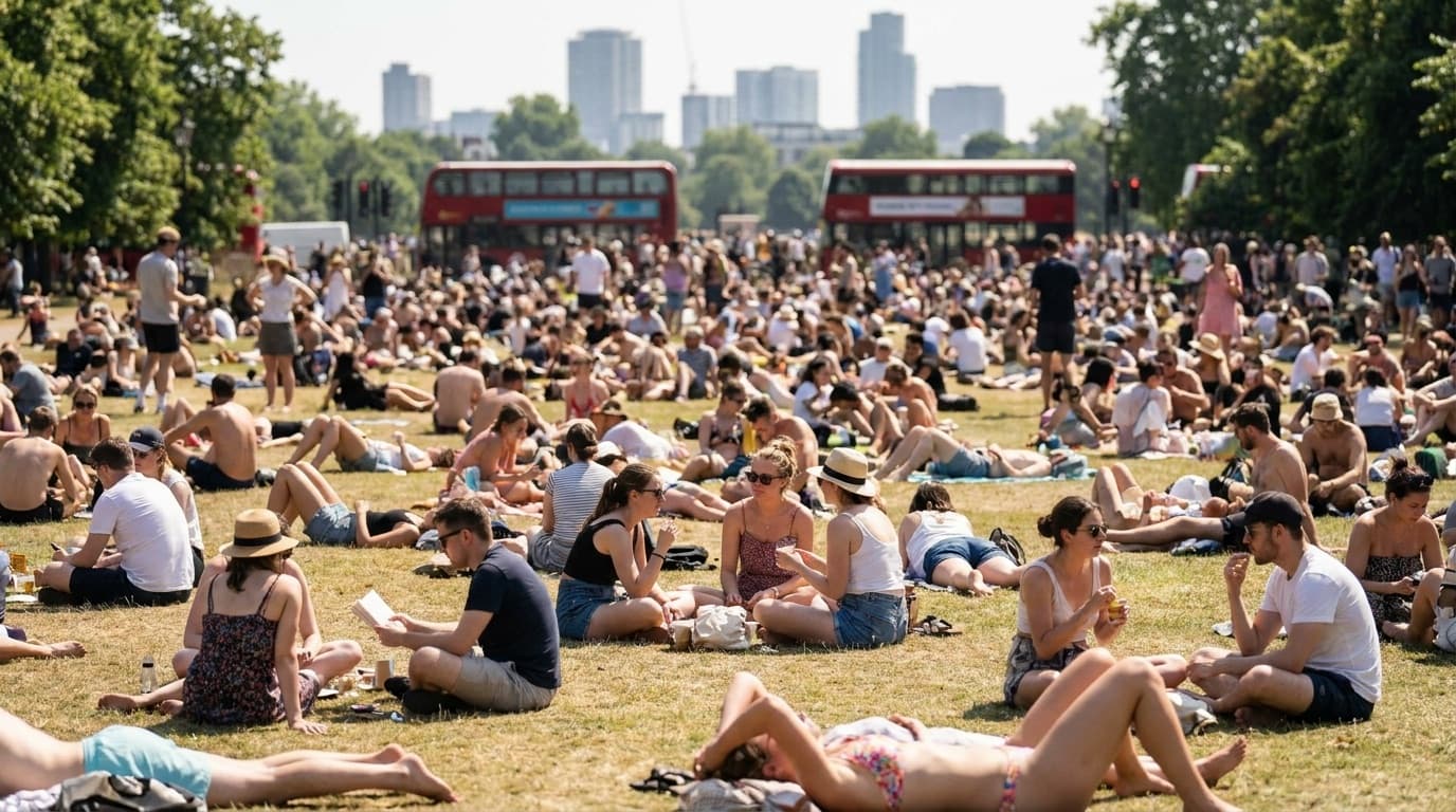 People relaxing in a sunny London park on a hot day