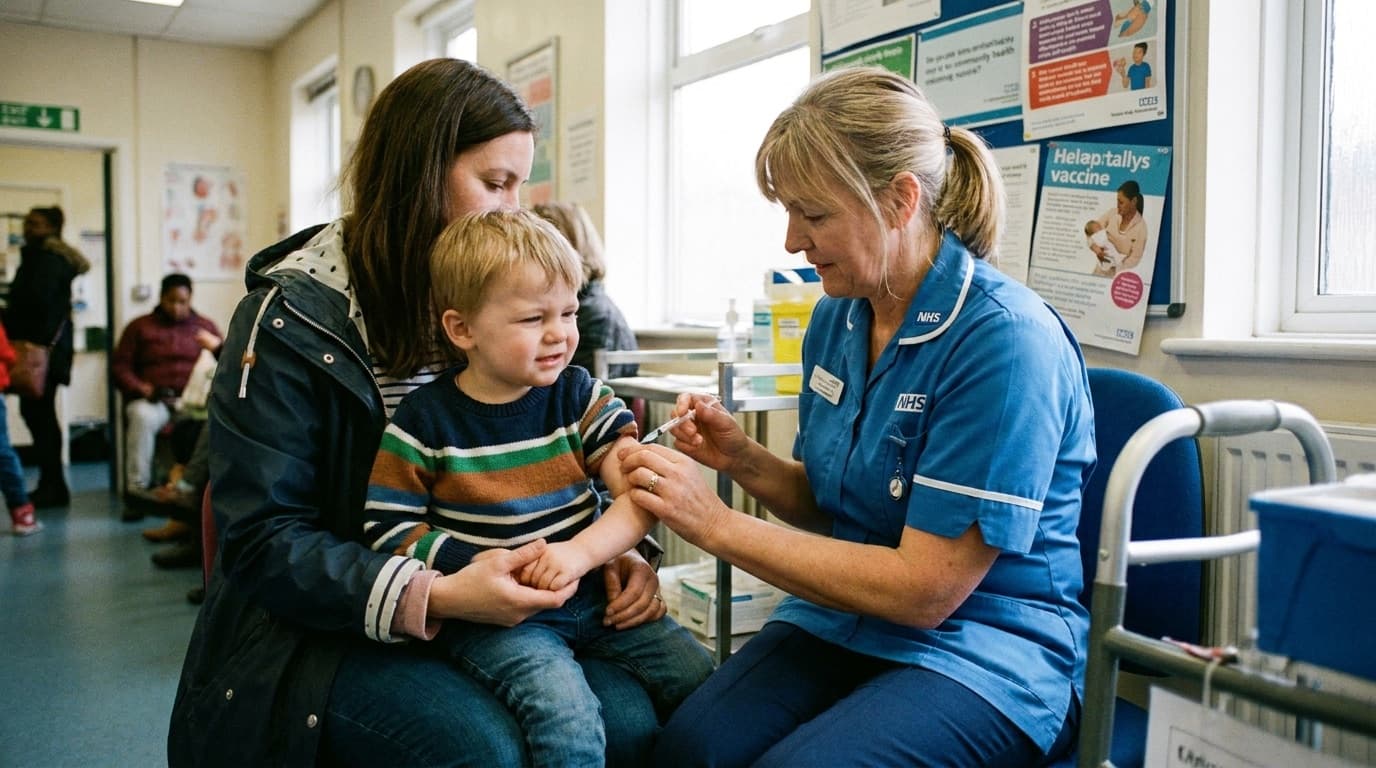 A child receiving a vaccination from a nurse at a clinic