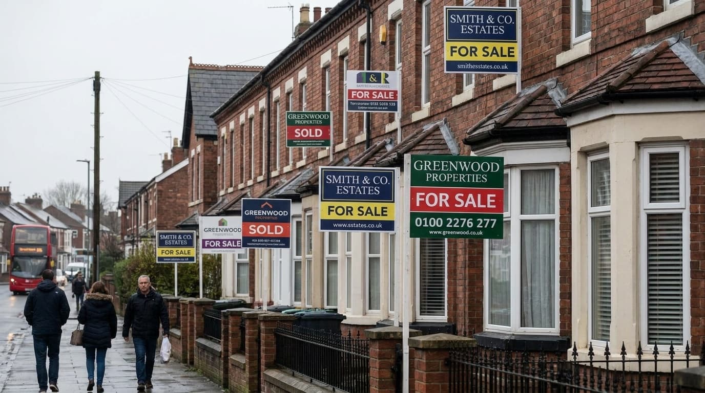 Estate agent for sale signs outside a row of UK houses