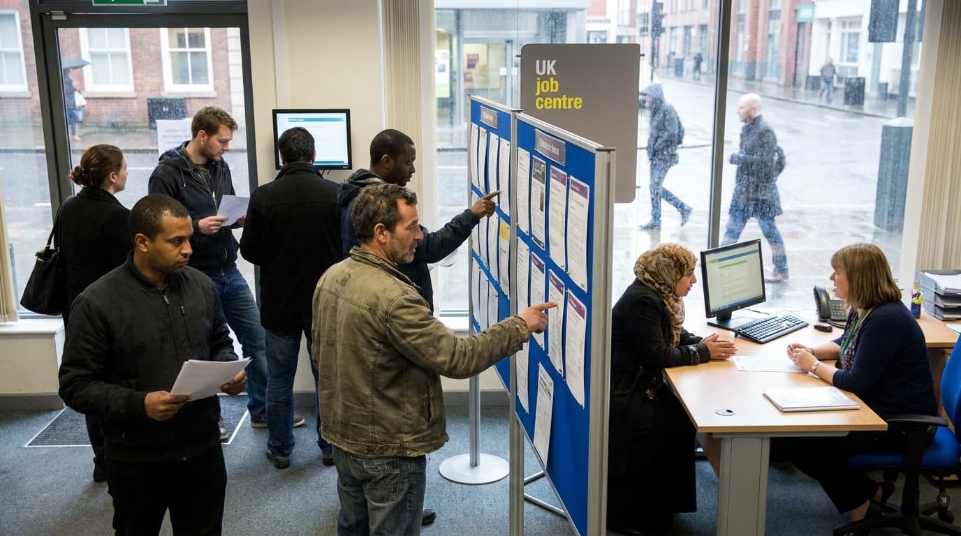 Job seekers reviewing vacancies at a recruitment office