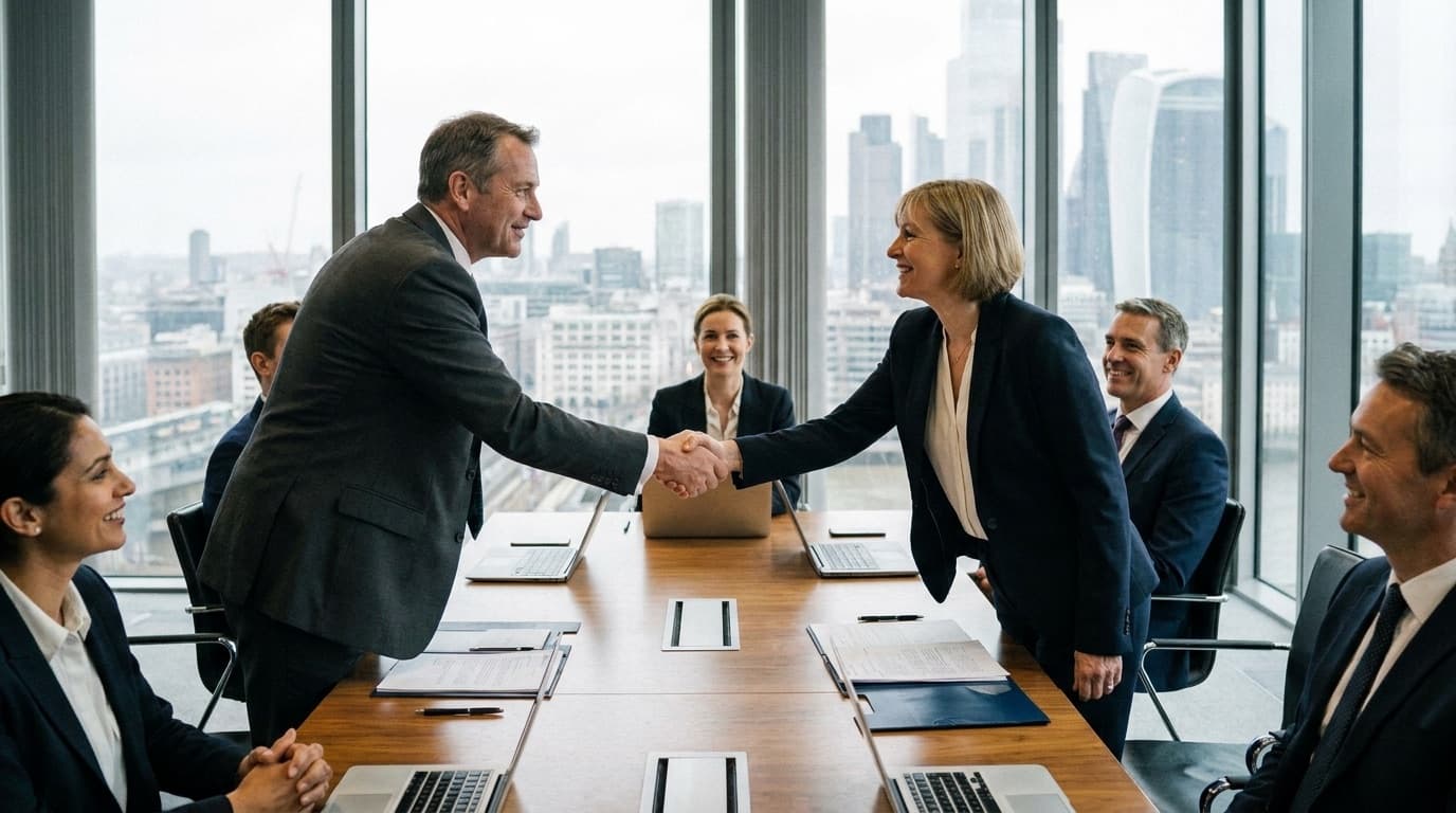 Business executives shaking hands over a corporate deal