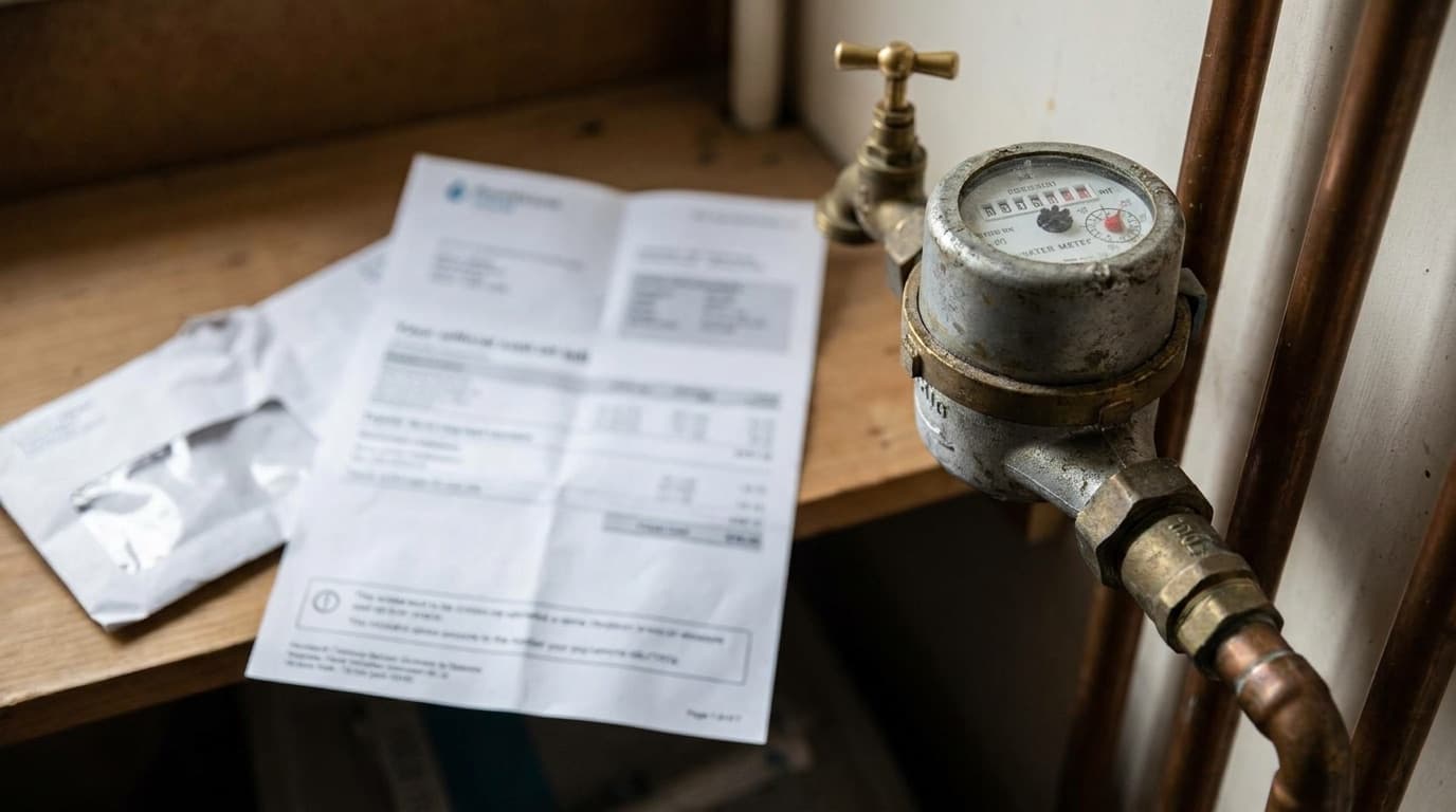 Close-up of a household water meter and tap with a bill in the background
