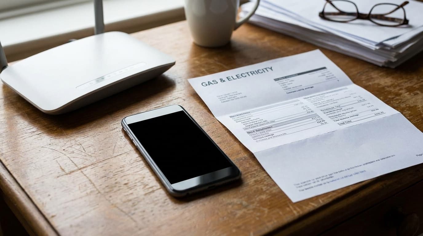 Wi-Fi router and smartphone on a desk next to a paper utility bill in a UK home