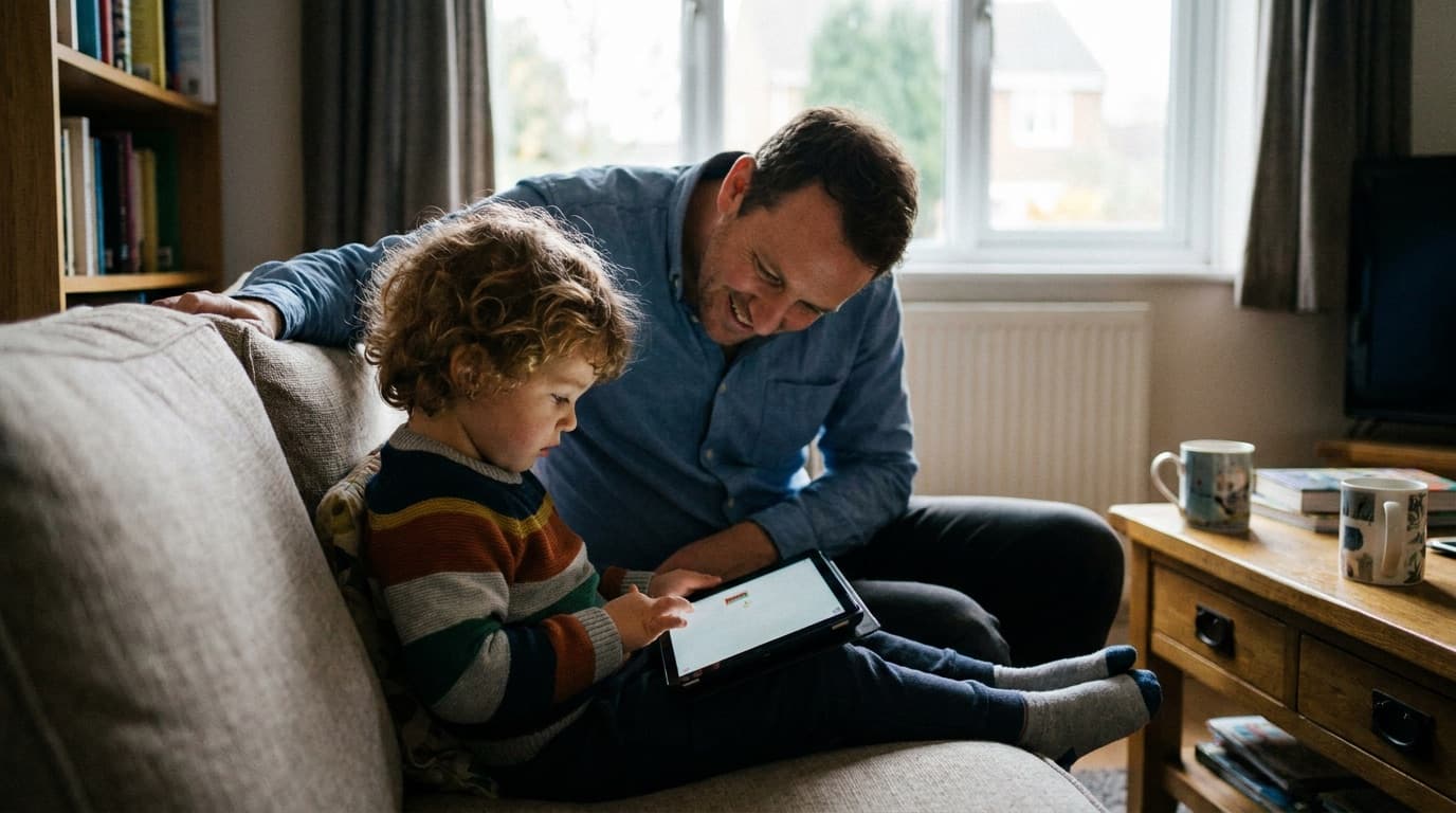 A child looking at a tablet screen while a parent watches over their shoulder at home
