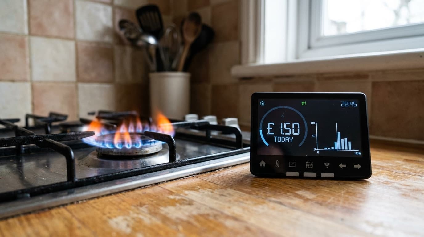 Close-up of a domestic gas hob flame next to a smart energy meter display in a UK kitchen