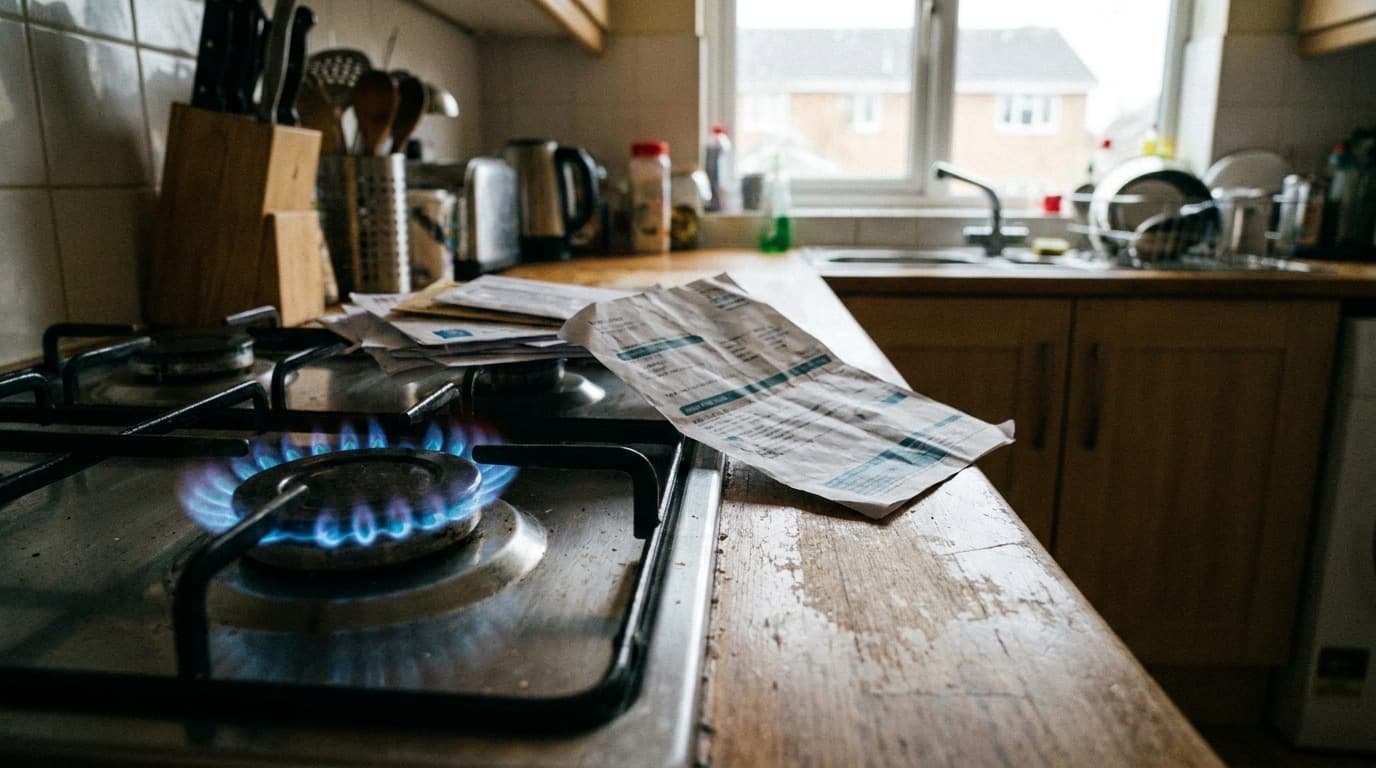 A domestic gas hob burning with a blue flame next to an energy bill