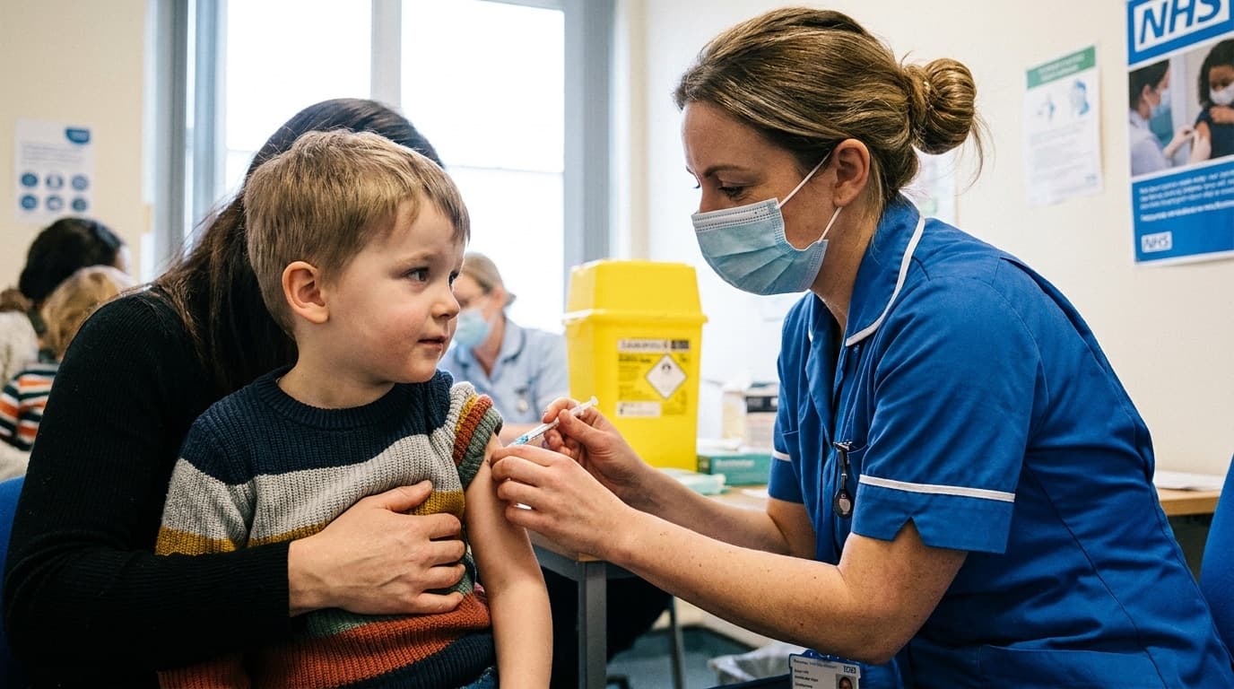 A young child receiving a vaccination from an NHS nurse at a clinic