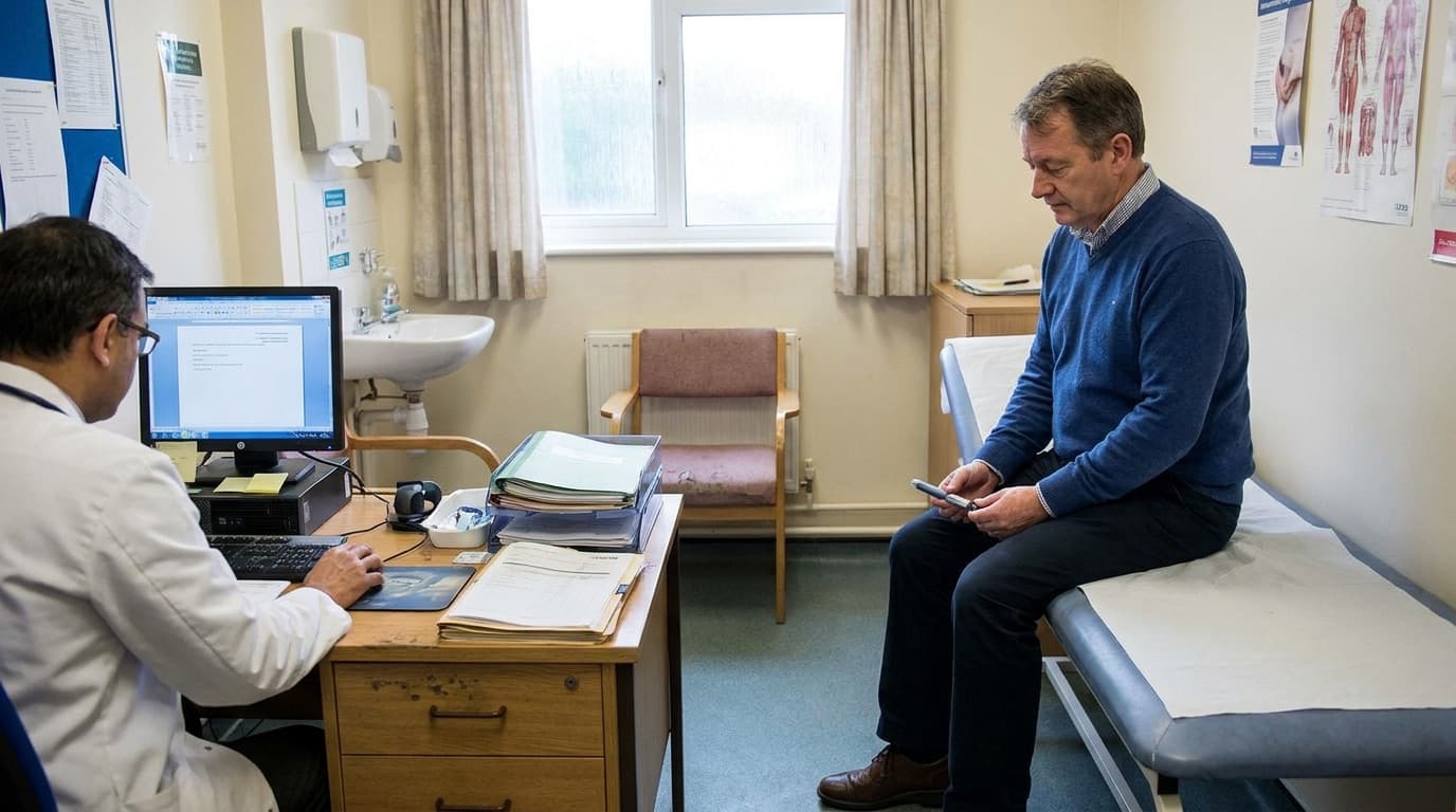A patient holding a weight-loss injection pen in a GP consulting room