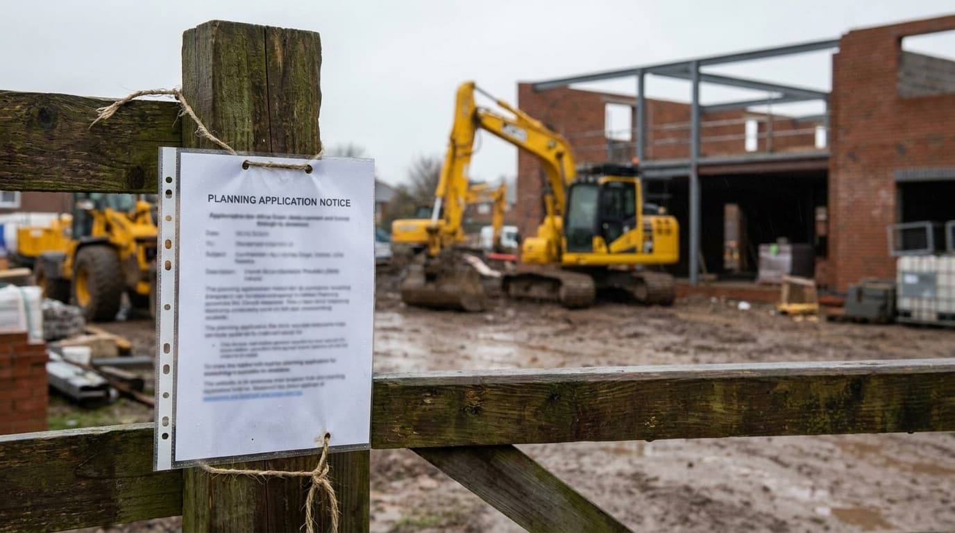 A planning application notice attached to a fence beside a building site with diggers in the background