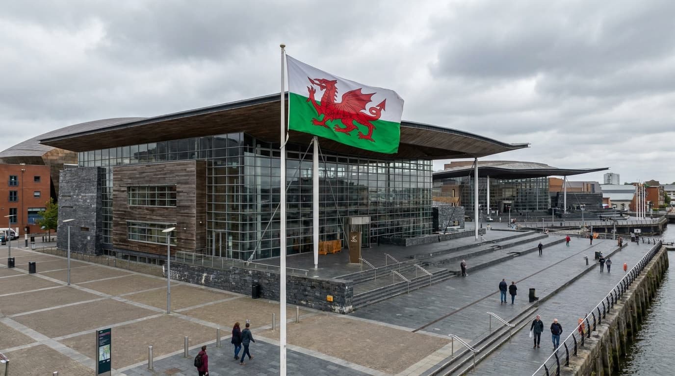 The Senedd building in Cardiff Bay with the Welsh flag flying outside