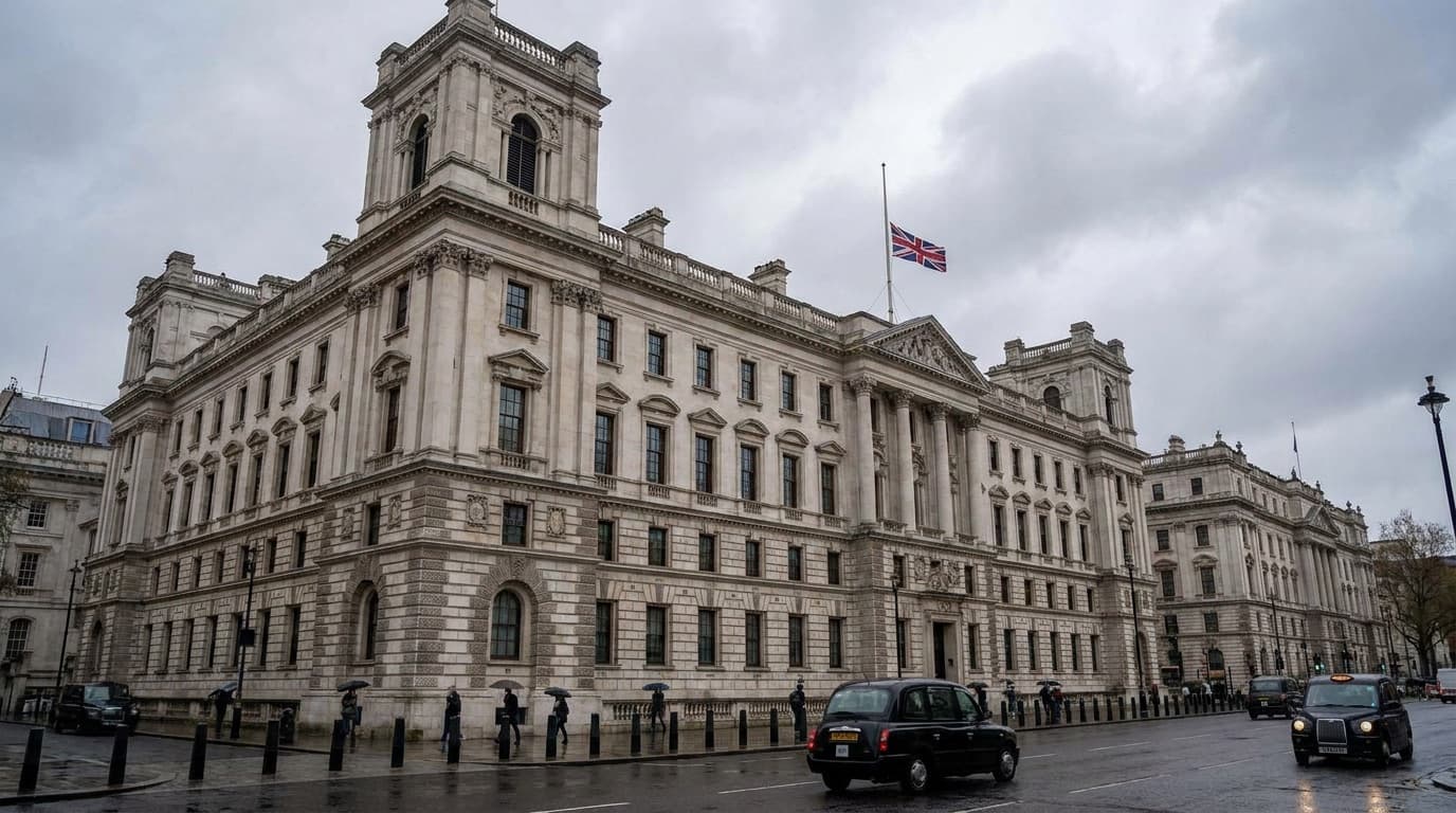 The Treasury building in Whitehall under a grey London sky