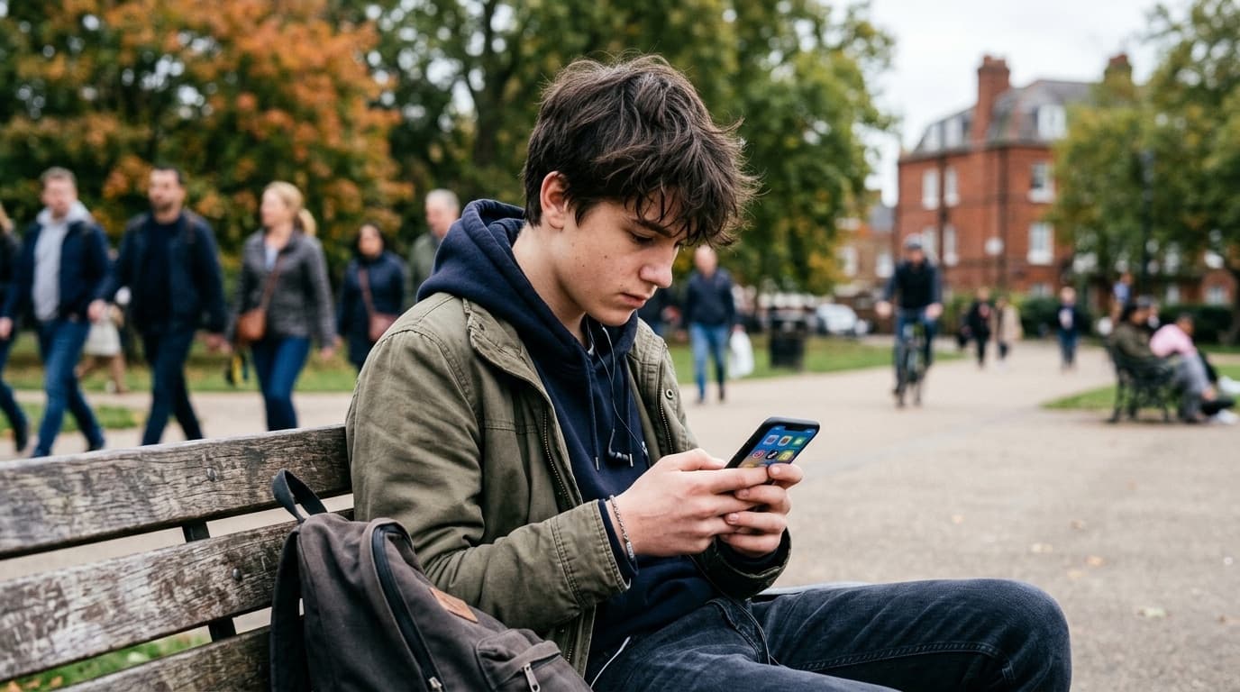A teenager looking at a smartphone screen showing social media apps