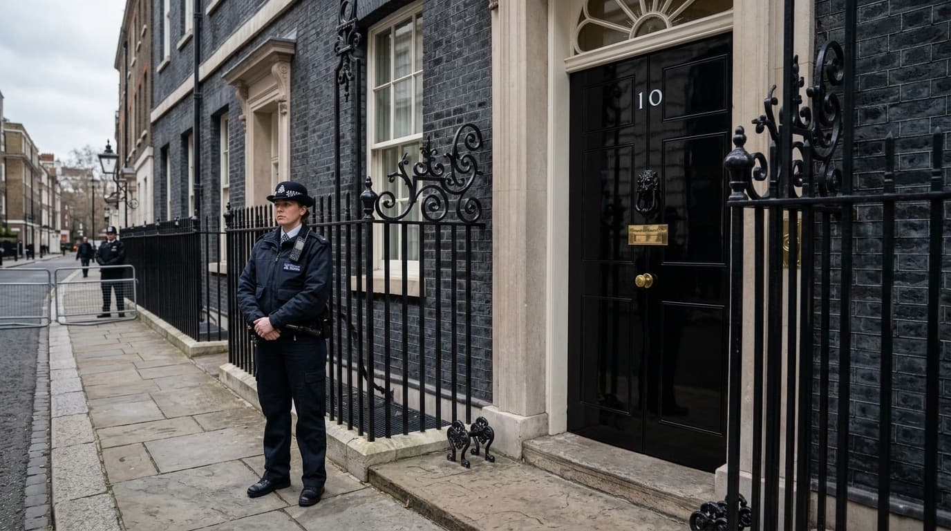 The front door of 10 Downing Street with a police officer standing outside