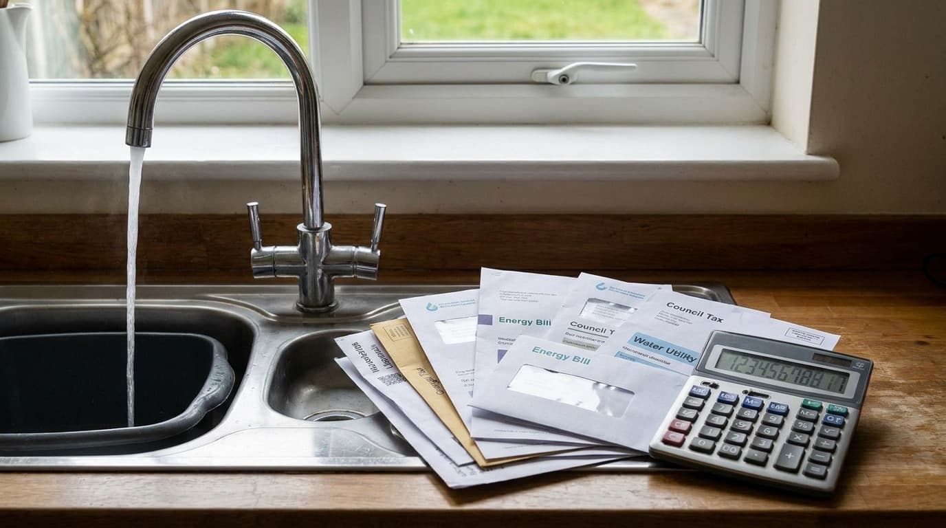 A running kitchen tap beside a stack of household bills and a calculator