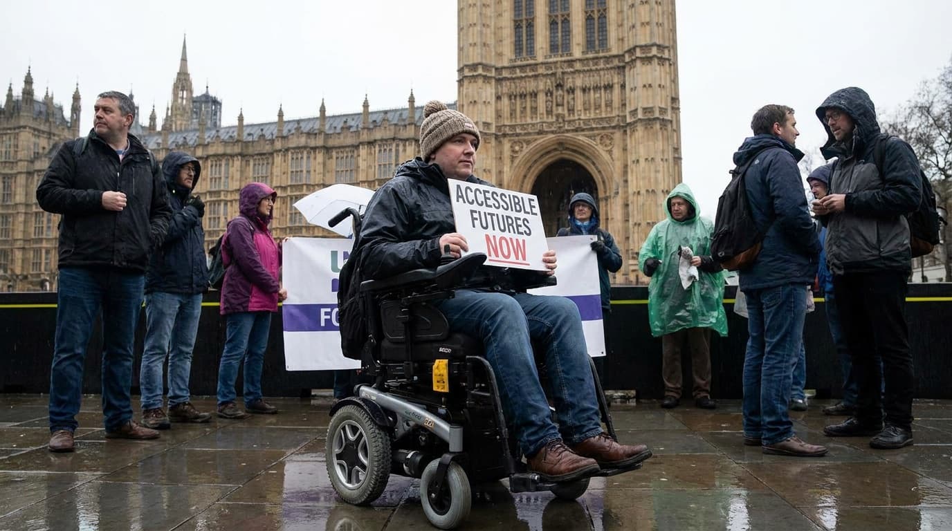 A wheelchair user campaigning outside a government building