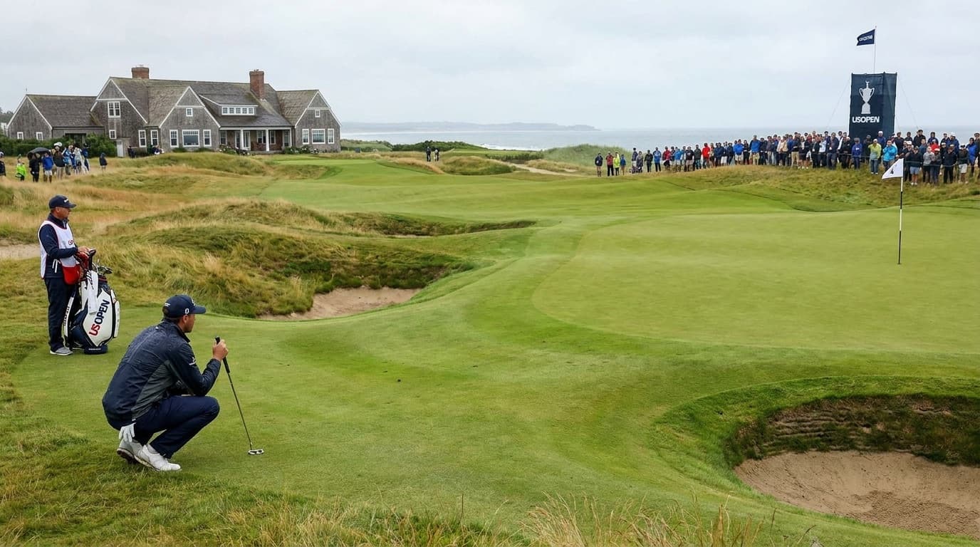 A golfer surveys an undulating links green at a US Open championship course