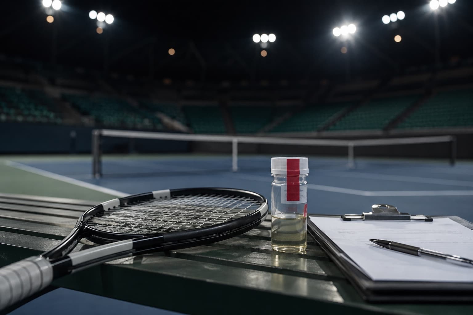 An empty grass tennis court with a net and baseline under soft daylight