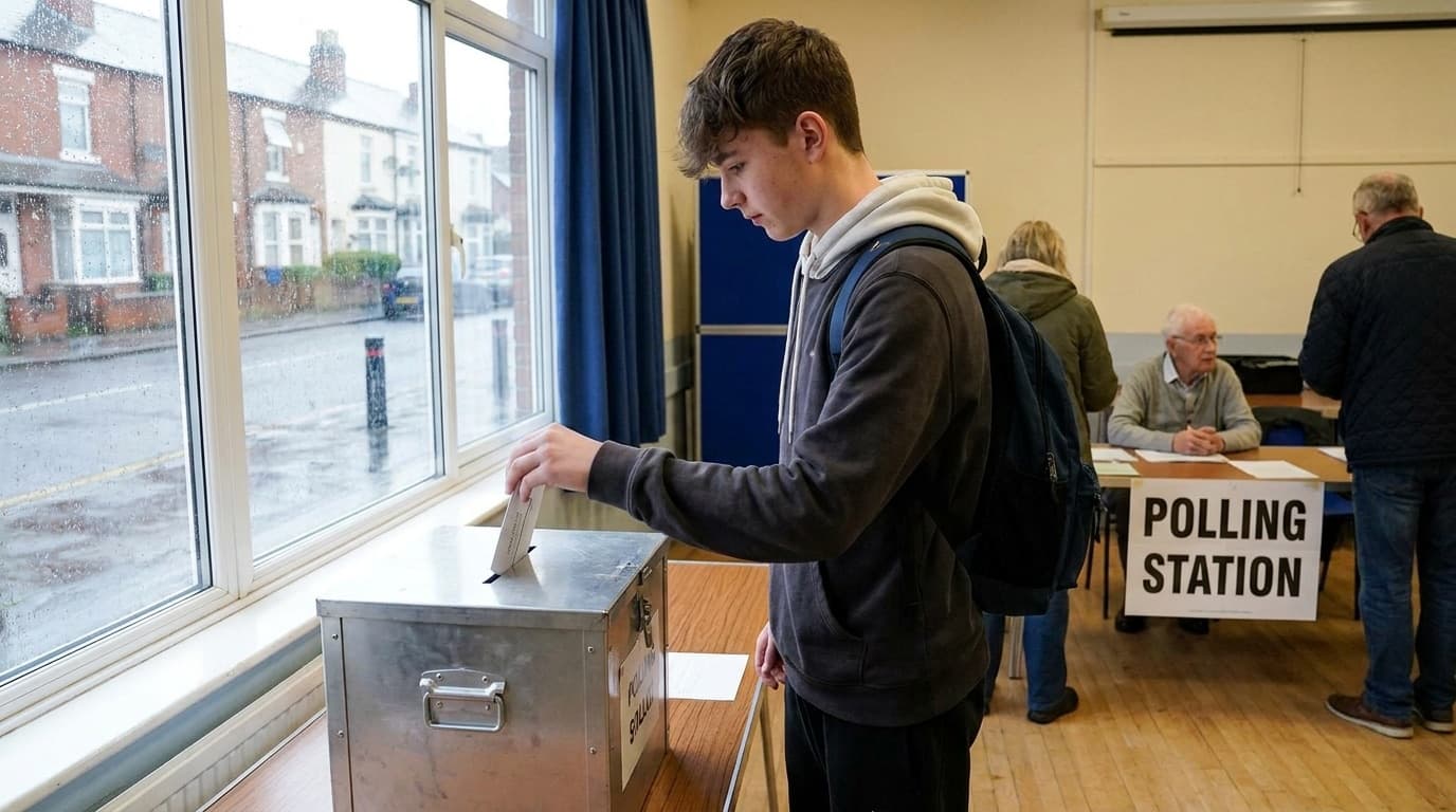 A teenager casting a ballot at a polling booth
