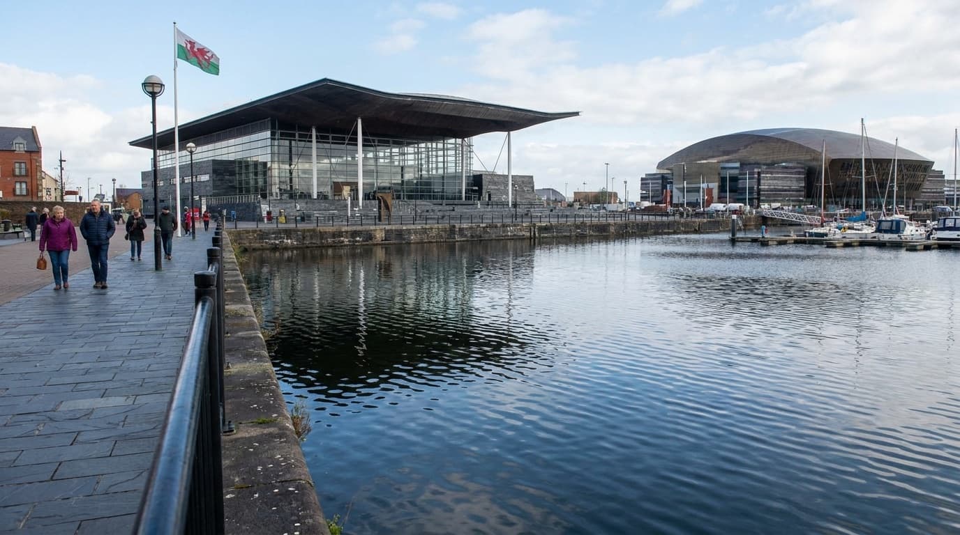 The Senedd building in Cardiff Bay reflected in the water