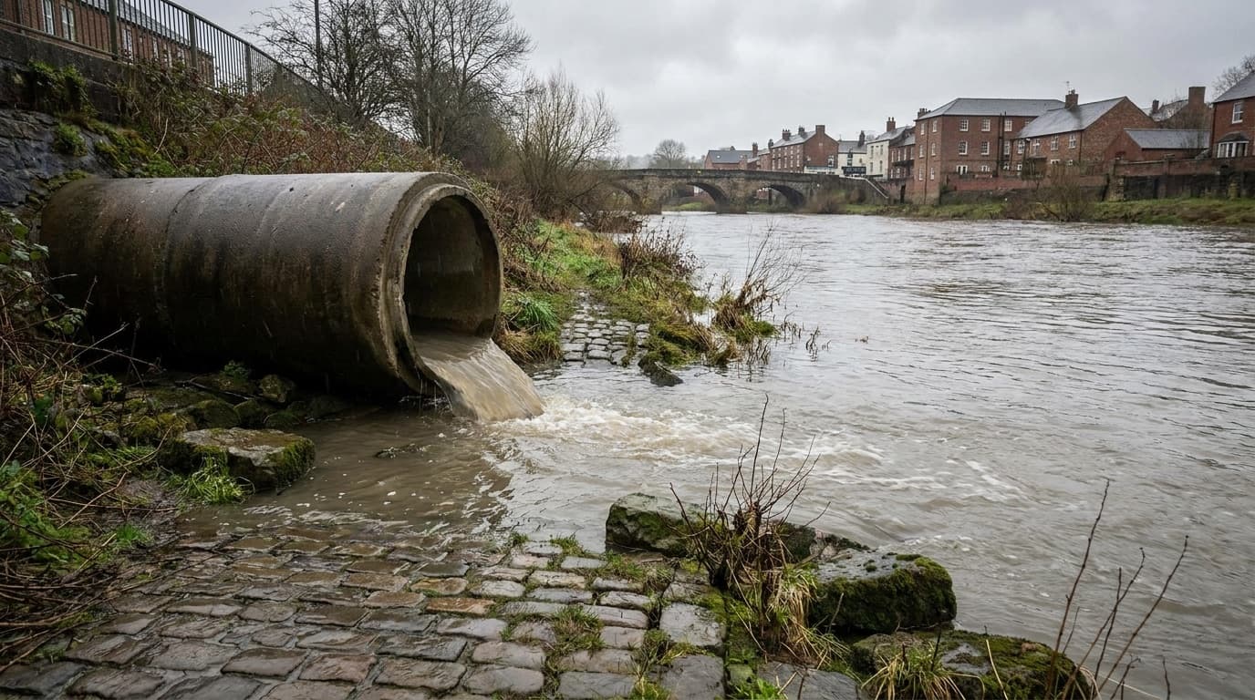 A river outfall pipe discharging into UK waterways