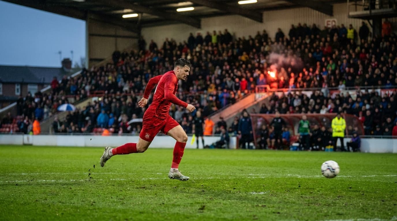 A football striker in a generic red kit chasing the ball during a packed evening stadium match